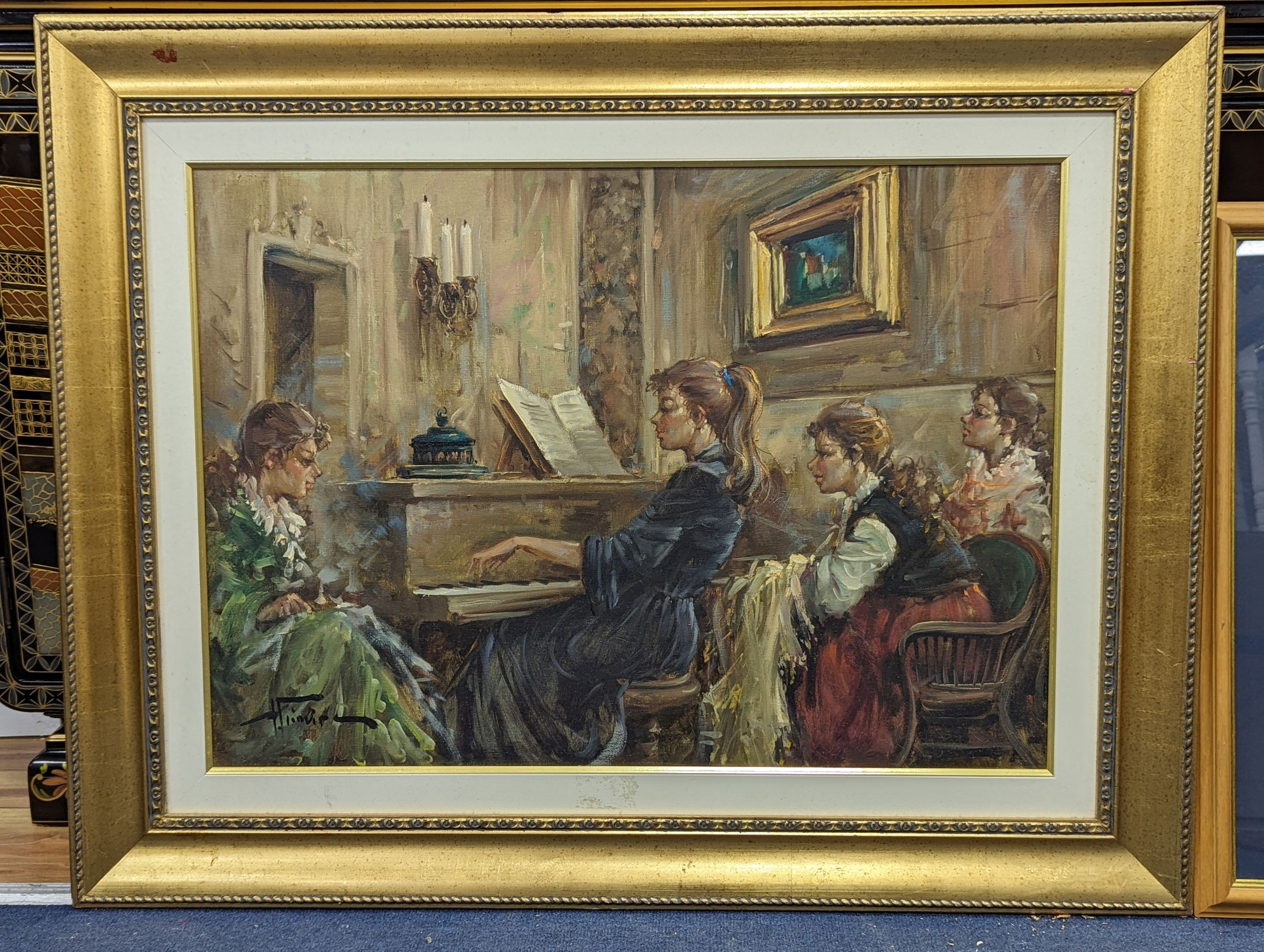 Continental School, oil on canvas, Young lady playing a piano, indistinctly signed, 50 x 70cm